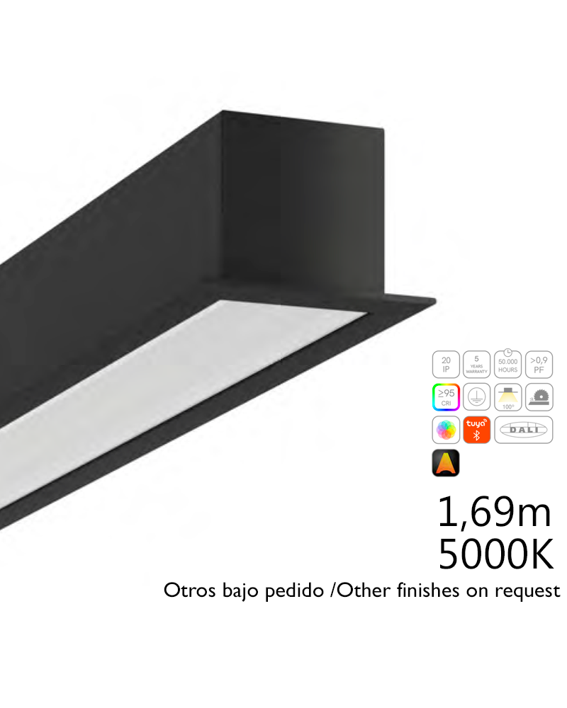 Perfil de aluminio empotrable LED 54W 5000K 169cms 3,5x 5cm difusor opal personalizable negro on/off