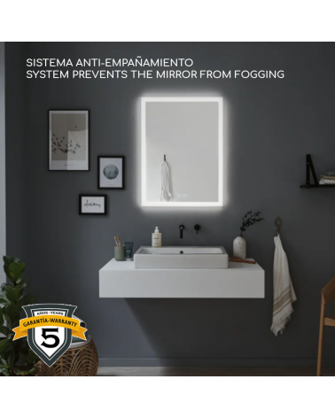 Anti-Fog LED mirror vertical rectangular 80x60cm Illuminated IP44 system without fogging 22W CCT Switch 2700K/4000K/6500K
