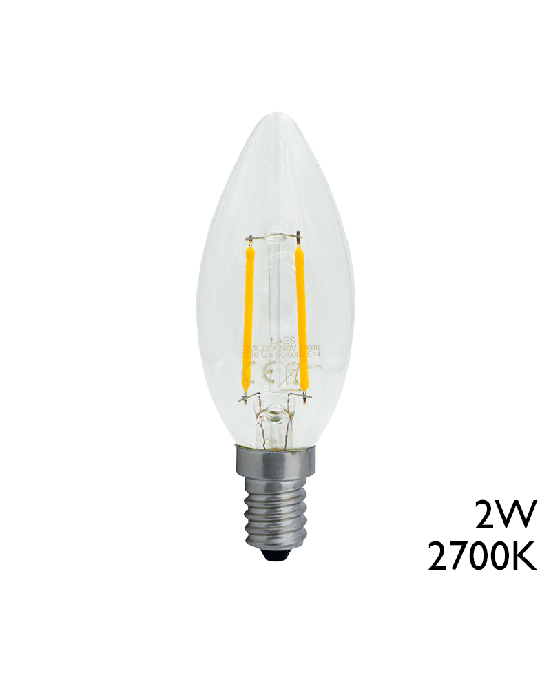 LED vintage Clear Candle Bulb 35mm. LED filaments 2W E14 2200K 230 Lm.