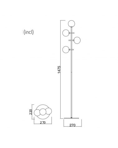 Lámpara de pie 148cm de hierro acabado negro y 4 esferas de cristal opal 4xG4 5W