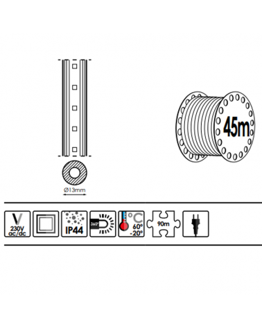 LED rope light (Flexilight) 45 meters,30 leds/m + 6 leds/m flashing with 1.620 leds IP67 230V