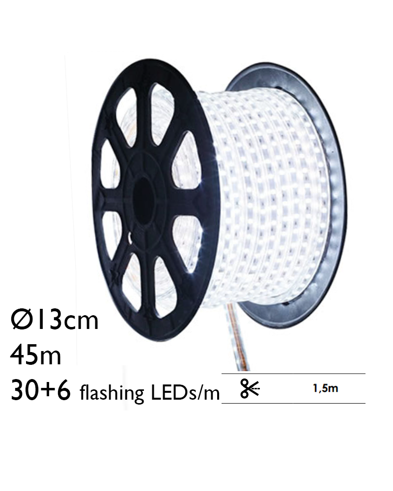 Bobina 45m hilo LED, 30 leds/m + 6 leds/m flashing 1620 leds IP44 230V