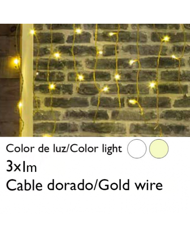 Cortina de LEDs 3x1m efecto hielo icicle estalactita, cable dorado empalmable con 102 leds para interior