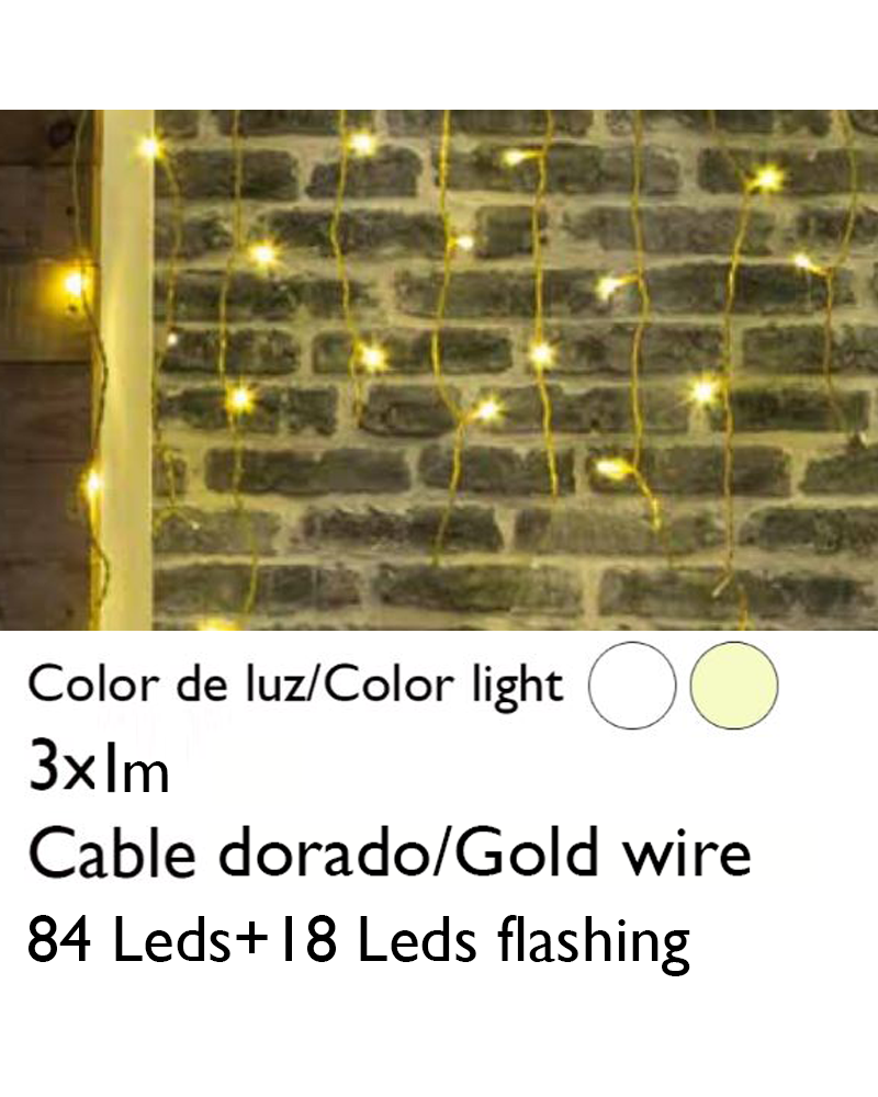 Cortina de LEDs 3x1m efecto hielo icicle estalactita, cable dorado empalmable con 102 leds (18Leds flashing) para interior