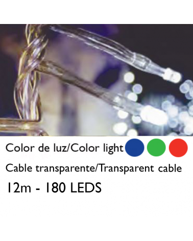 Guirnalda 12m y 180 LEDs cable transparente empalmable para interior