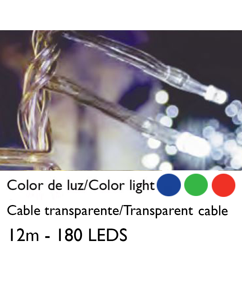 Guirnalda 12m y 180 LEDs cable transparente empalmable para interior