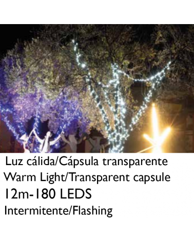 Guirnalda 12m y 180 LEDs Intermitente luz cálida cápsula clara cable blanco o verde, empalmable IP65 apta para exterior