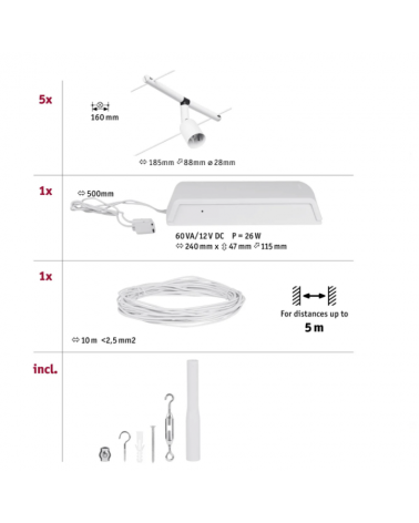 Matt chrome, white or black cable system with 5 spotlights max. 5x10W GU5.3