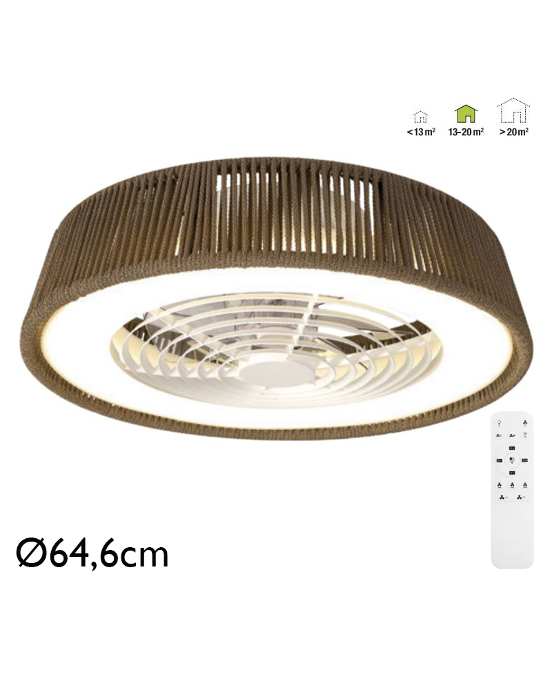 Ceiling fan 35W Ø64.6cm LED ceiling light 70W synthetic rope remote control DIMMABLE light and remote control