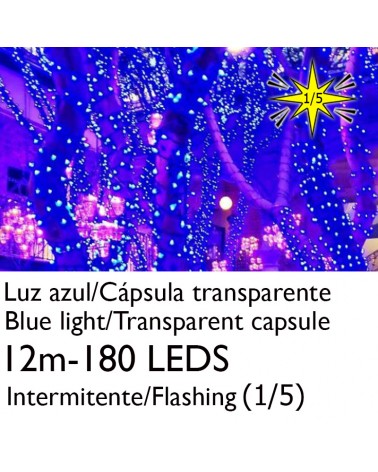 Guirnalda 12m y 180 LEDs Intermitente luz azul cápsula clara cable azul empalmable IP65 apta para exterior