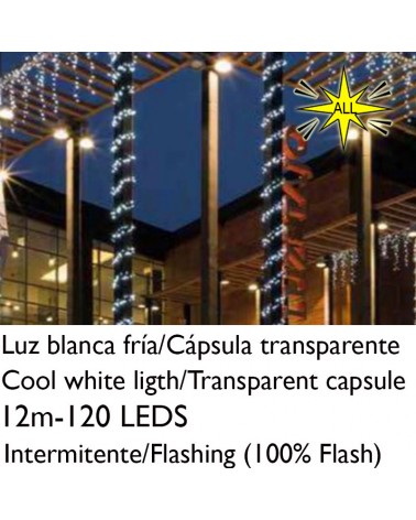 Guirnalda 12m y 120 LEDs Intermitentes cápsula mate cable blanco o verde empalmable IP65 apta para exterior