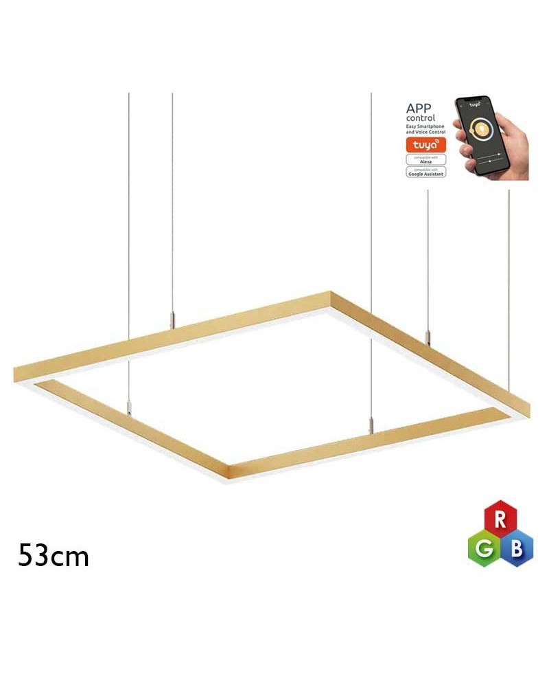 Lámpara de techo cuadrada de 53cm LED 43W de aluminio acabado dorado RGB-W driver Tuya