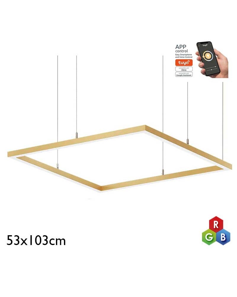 Lámpara de techo rectangular de 53x103cm LED 62W de aluminio acabado dorado RGB-W driver Tuya