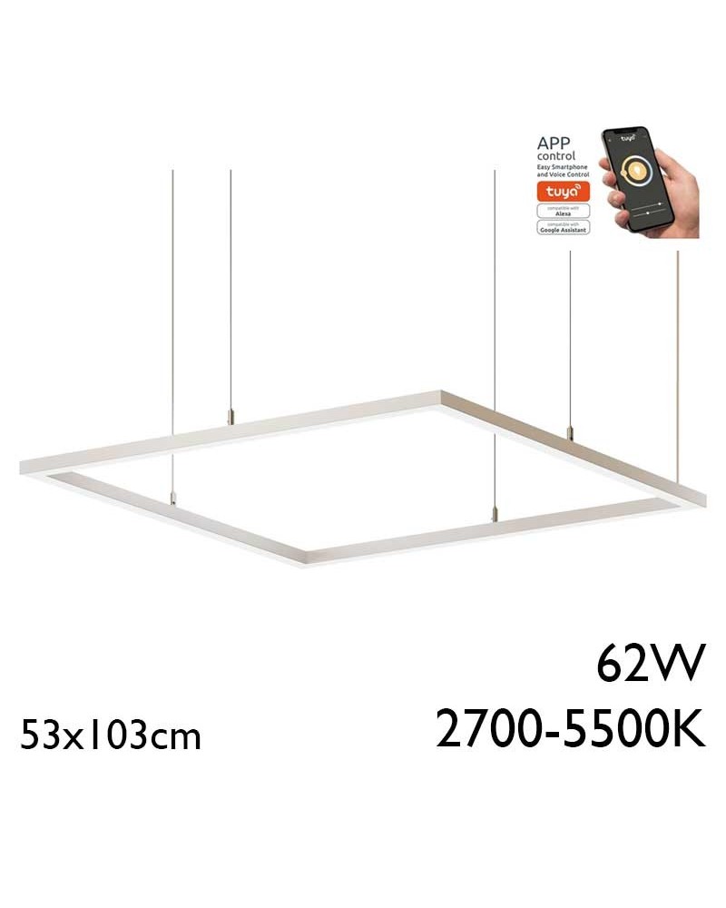 Lámpara de techo rectangular de 53x103cm LED 62W de aluminio Graduable 2700K-5500K driver Tuya