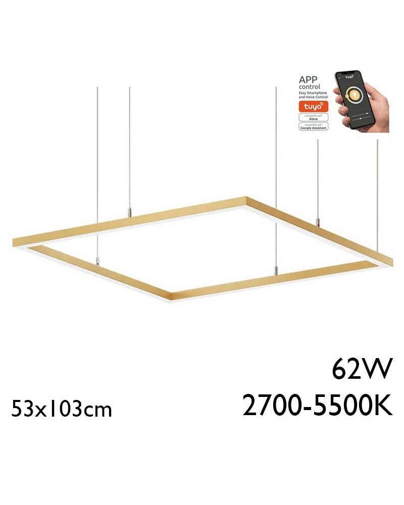 Lámpara de techo rectangular de 53x103cm LED 62W de aluminio acabado dorado Graduable 2700K-5500K driver Tuya