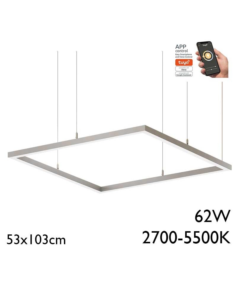 Ceiling lamp LED 62W aluminum silver finish 53x103cm Adjustable 2700K-5500K Tuya driver