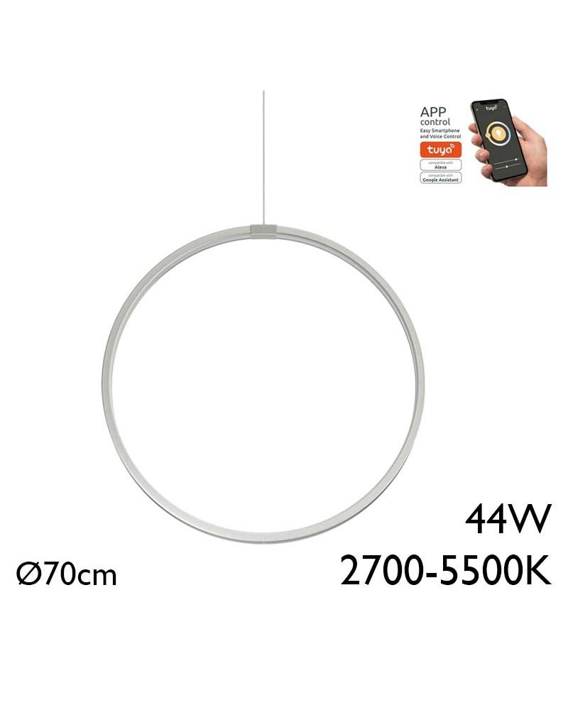 Lámpara de techo de 70cm LED 44W de aluminio acabado plateado Graduable 2700K-5500K driver Tuya