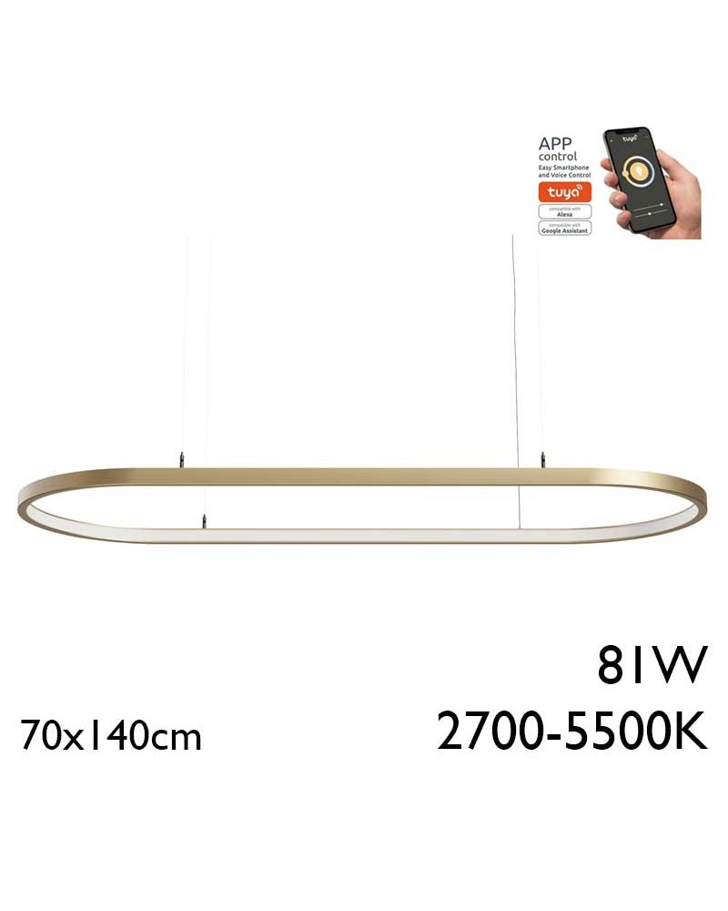 Ceiling lamp LED 81W aluminum matt gold finish 70x140cm Adjustable 2700K-5500K Tuya driver