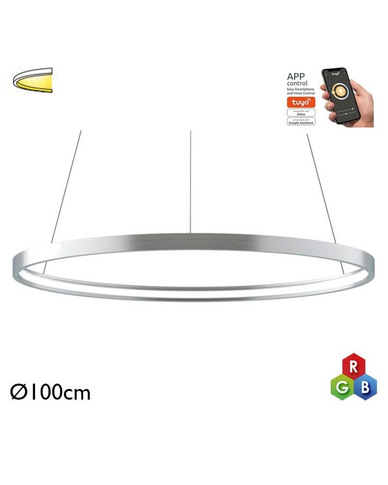 Lámpara de techo de 100cm LED 63W de aluminio acabado plateado RGB-W driver Tuya