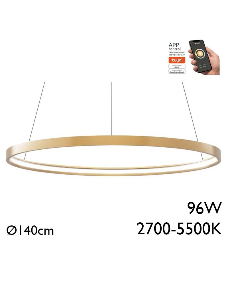 Ceiling lamp LED 96W 140cm aluminum with gold finish Adjustable 2700K-5500K Tuya driver