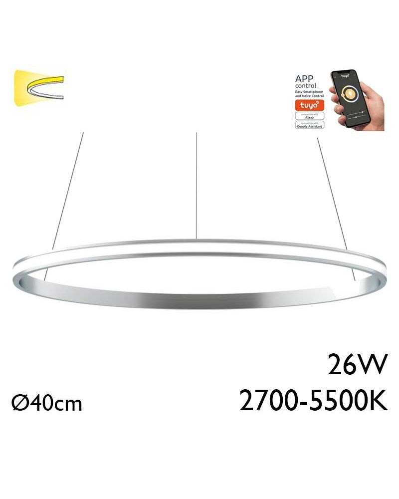 Lámpara de techo de 40cm LED 26W de aluminio acabado plateado Graduable 2700K-5500K driver Tuya