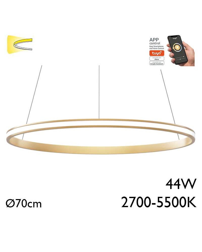 Lámpara de techo de 70cm LED 44W de aluminio acabado dorado Graduable 2700K-5500K driver Tuya