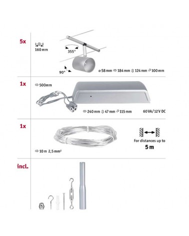 Cable system 5 spotlights GU5,3 max. 5x10W 230/12V