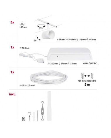 Cable system 5 spotlights GU5,3 max. 5x10W 230/12V