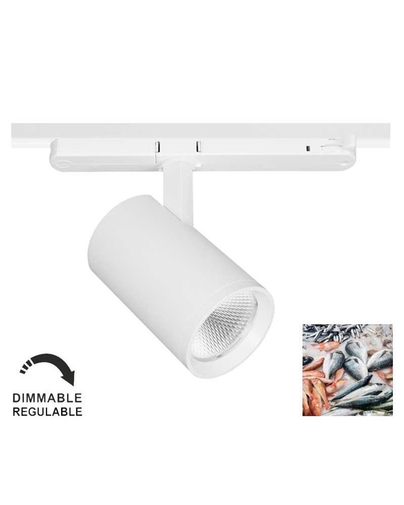 Foco de carril trifásico especial para pescadería LED 22W 5500K regulable TRIAC IP40