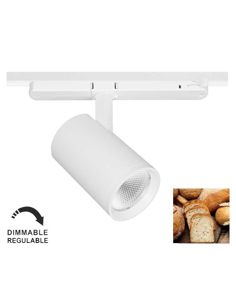 Foco de carril trifásico especial para panadería LED 22W 2400K regulable TRIAC IP40