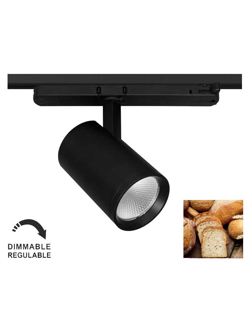 Foco de carril trifásico especial para panadería LED 22W 2400K regulable TRIAC IP40