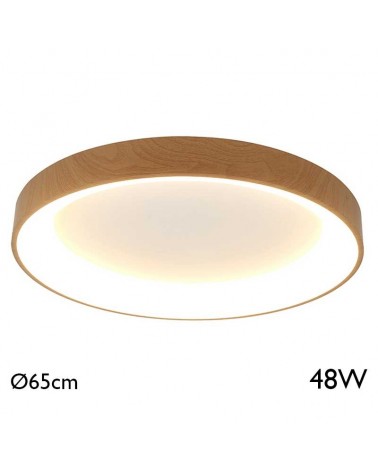 Plafón LED de 65cm de diámetro acabado madera 48W luz cálida 3000K