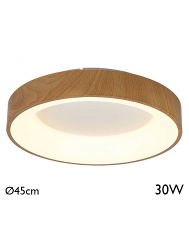 Round LED ceiling light with 45cm diameter, wood finish, 30W warm light, 3000K