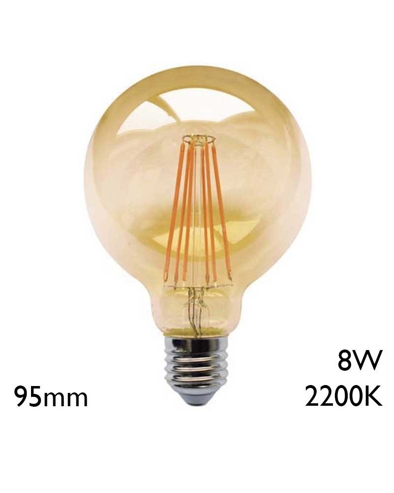 Bombilla Vintage Globo Ámbar 95mm filamentos LED 8W E27 2200K