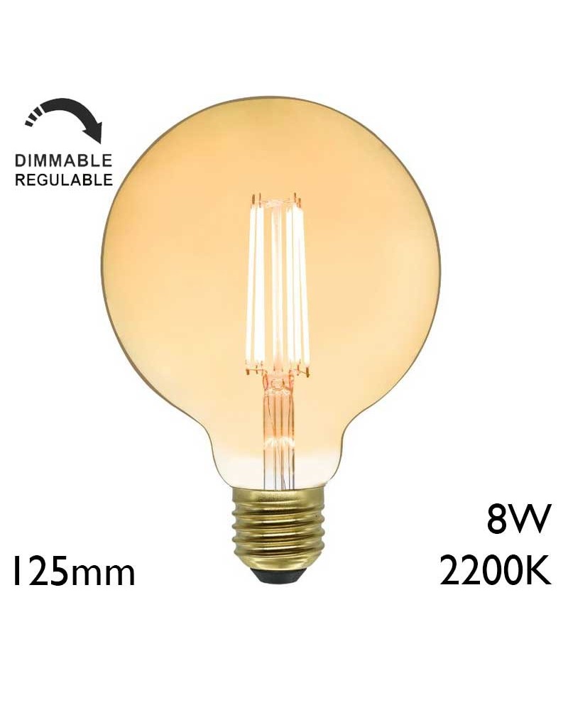 Bombilla Vintage Globo Ámbar 125mm REGULABLE filamentos LED 8W E27 2200K