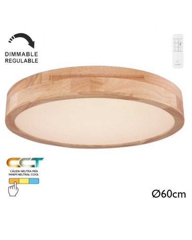 LED ceiling lamp 60cm in metal, white and wood finish, 48W CCT Switch 3000K-6000K