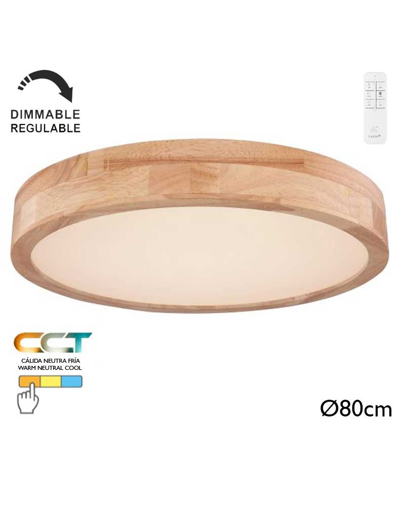 LED ceiling lamp 80cm in metal, white and wood finish, 60W CCT Switch 3000K-6000K