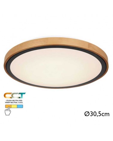 LED ceiling lamp 30,5cm made of metal, acrylic and wood, opal black and brown 12W CCT Switch 3000K/4500K/6000K