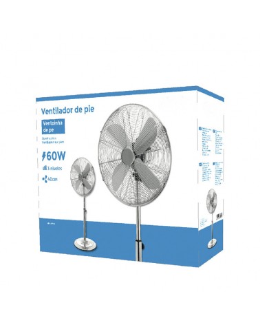 Silver standing fan 60W blades 40cm adjustable height 90-116cm