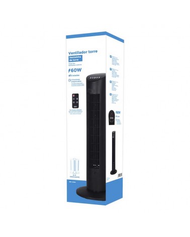 Black tower fan with remote control 60W 78.3cm high