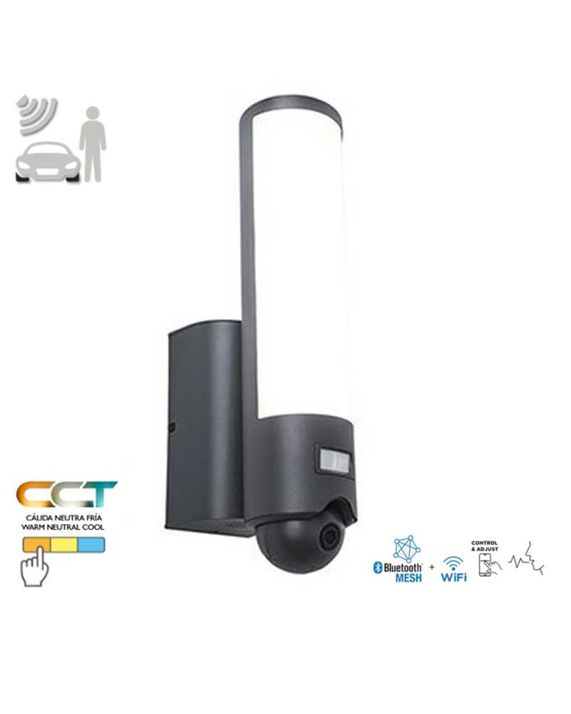 Aplique de exteriores LED 17,5W de acero inoxidable y PC gris IP44 sensor movimiento app y camara full HD CCT 2700K-6500K