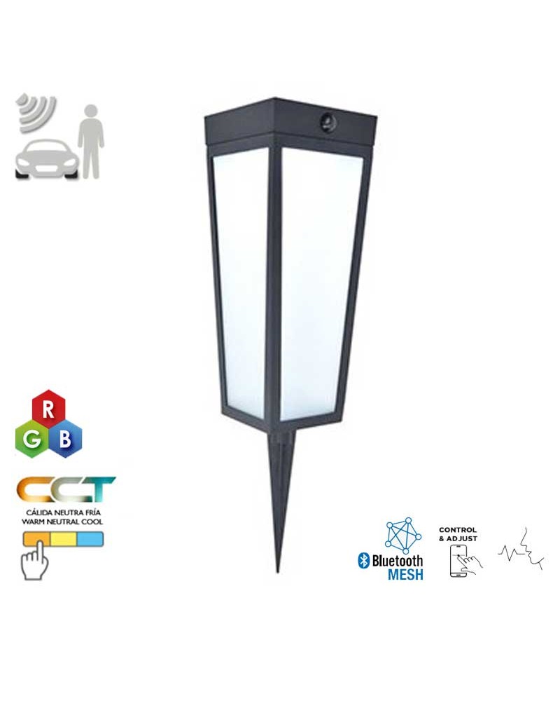 Farol pincho SOLAR 48,4cm LED 8,4W aluminio y cristal acabado negro IP44 sensor movimiento control voz RGB CCT 2700K-6500K