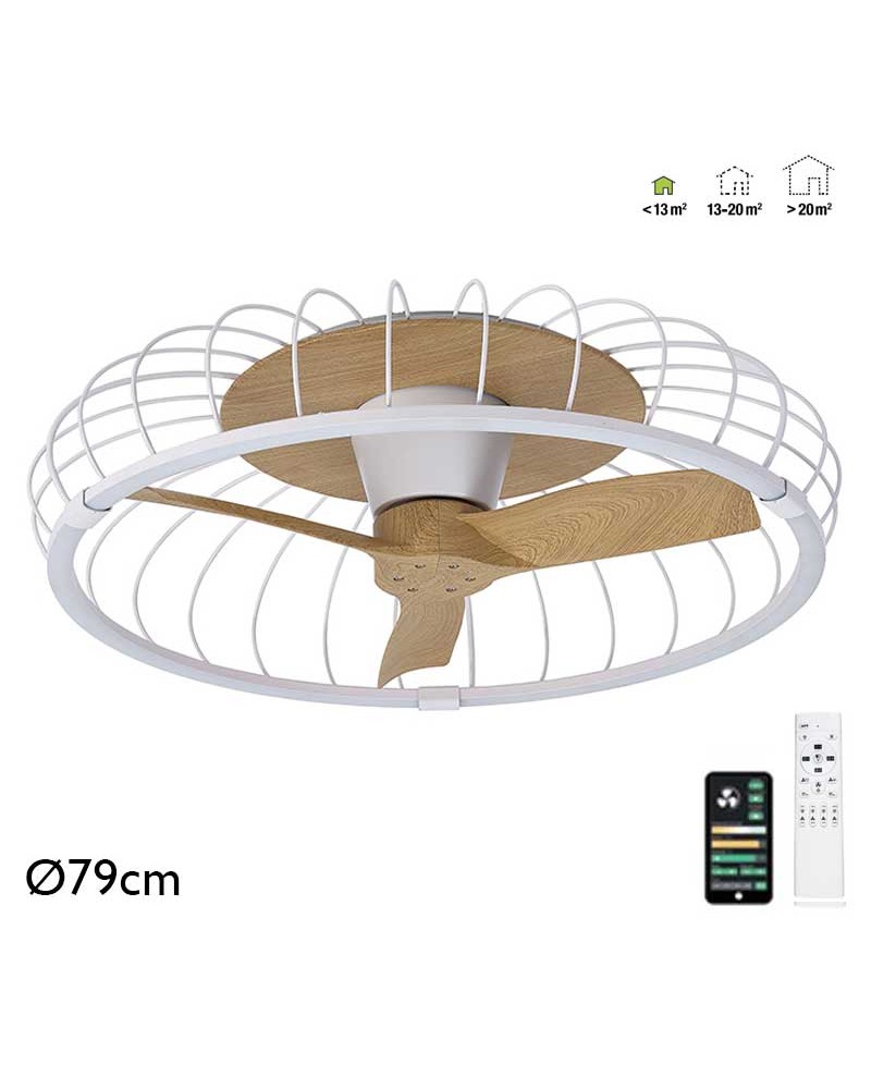 Ventilador inteligente de techo 30W rejilla blanco y haya Ø79cm motor DC LED 75W regulable bluetooth y mando incluido