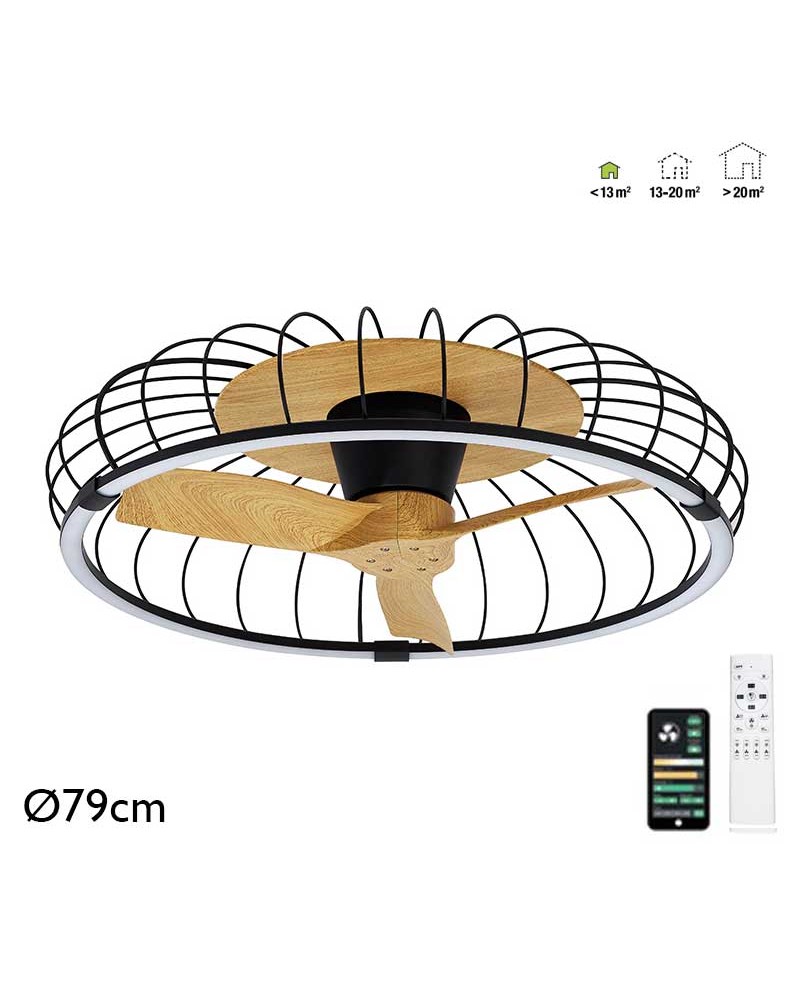 Ventilador de techo 30W rejilla wifi negro y haya Ø79cm motor DC LED 75W regulable bluetooth y mando incluido