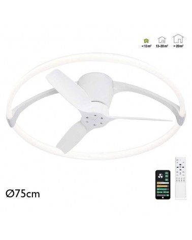 Smart white ceiling fan 30W Ø75cm DC LED motor 55W DIMMABLE Bluetooth remote control included and app