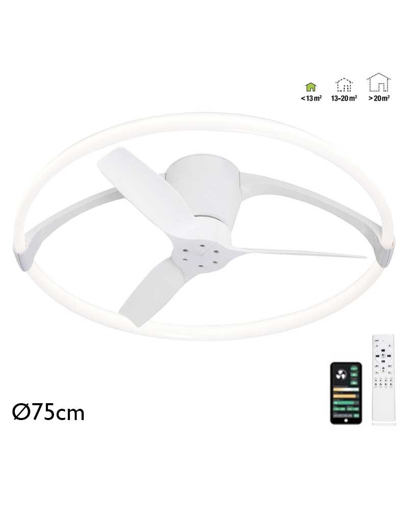 Ventilador inteligente de techo blanco 30W Ø75cm motor DC LED 55W REGULABLE bluetooth mando incluido y app