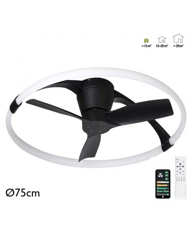 Smart black ceiling fan 30W Ø75cm DC motor LED 55W DIMMABLE Bluetooth remote control included and app