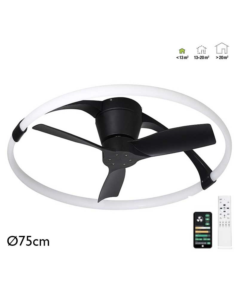 Ventilador inteligente de techo negro 30W Ø75cm motor DC LED 55W REGULABLE bluetooth mando incluido y app