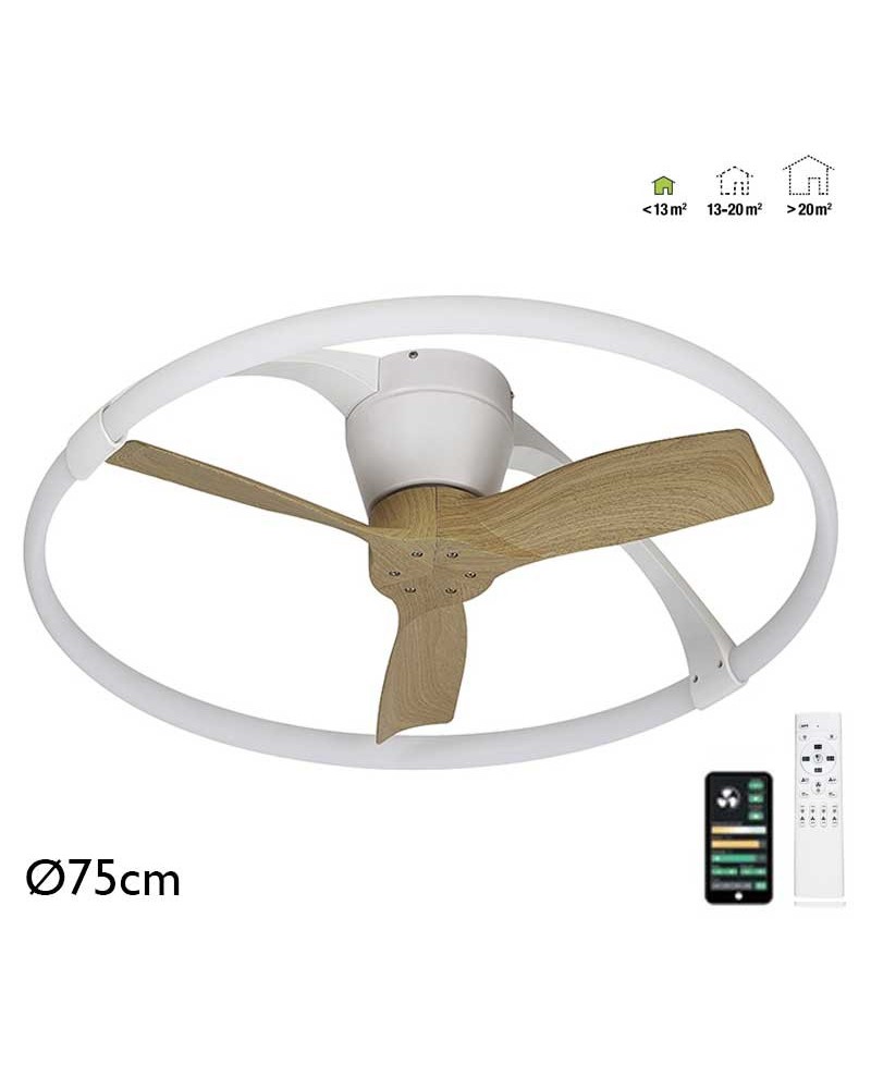 Ventilador inteligente de techo blanco y madera 30W Ø75cm motor DC LED 55W REGULABLE bluetooth mando incluido y app