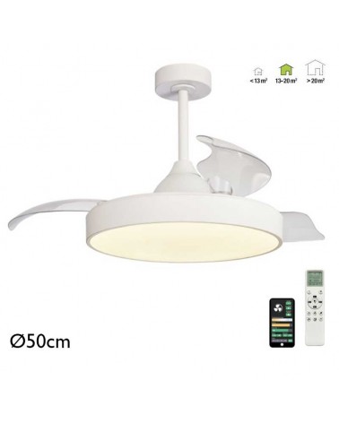 Ventilador de techo blanco 30W Ø50cm motor DC plafón LED 50W mando incluido y app REGULABLE temperatura luz